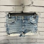 American Eagle Blue Jean Shorts Distressed Frayed Hem SZ 2 Biker High Waist Y2K Photo 4