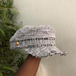 Anthropologie Black White Houndstooth Plaid Tweed frayed newsboy baker boy hat cap gold tone button-One Size (O/S) Photo 6
