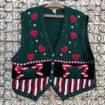 Vintage 90s Ugly Christmas candy cane peppermint stripe hearts sweater vest 2X Green Photo 0