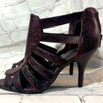 SOLE DIVA Heeled Gladiator Shoe Burgundy/Black Snake Print Photo 0