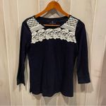 Talbots Cute navy cotton lace crochet overlay boho top  long sleeve lattice Photo 10