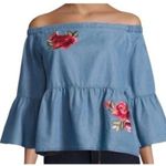 Ana A New Approach Denim Cotton Off Shoulder Floral Embroidered Top, Size medium Photo 1
