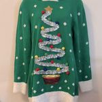 No Boundaries Nobo Green Hooded Sherpa Sweater/Dress Sparkling Christmas Tree Pom Poms Jr L Photo 1