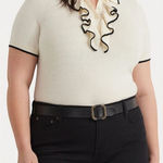 Ralph Lauren Lauren  Two Tone Ruffle Trim Polo SS Sweater Sz XXL Cream Black Photo 0