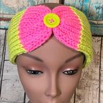 Pink And Green Knit Headband, Ear Warmers, With Button Accent Photo 0