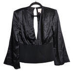Cinq à Sept Black Satin Plunge Neck Peplum Blouse Bell Sleeves Top | Size 8 Photo 0
