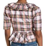 Saylor New Ilene Metallic Ruffle Peplum Puff Sleeve Blouse Pink Plaid Print L Photo 2