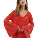 Free People  Shirt Womens Medium Red Just Like Honey Thermal Bell Sleeve Boho Photo 0