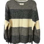 Zenana  Colorblock Balloon Sleeve Knit Sweater Gray Black Cream Marled XL EUC Photo 0