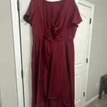 Womens Satin V Neck Ruffle Short Sleeve Tie Front High Waist Midi A Photo 4