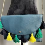 A New Day Shoulder Purse Blue w/ Green Yellow Black Tassels, Removable Strap Photo 2