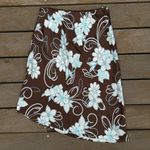Apostrophe Brown w/ Blue Floral 100% Silk Midi Skirt w/ Asymmetrical Hem Photo 5