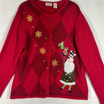 Classic Elements FESTIVE CHRISTMAS ARGYLE CARDIGAN SWEATER SANTA L RED PREOWNED Photo 0