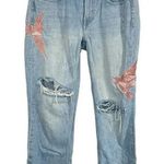 ALLSAINTS Alana Embroidered Bird Distressed Boyfriend Jeans in Blue/Pink Size 26 Photo 4