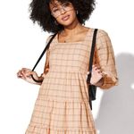 Vylette Plaid Tiered Mini Dress Square Neck Long‎ Sleeve Medium Tan Photo 0