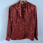 Vintage 90s Y2K Iyssa Maxx for 3K Paisley Silky Top Neck Tie Shoulder Pads Large Photo 0
