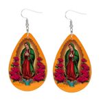 Rose Flower Virgin Mary Print‎ Teardrop Dangle Earrings Faux Leather Orange Photo 0