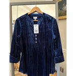 kim rogers Women’s Velvet Tunic Top Small S Blue Long Sleeve Henley Blouse NWT Photo 3