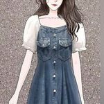 Stitching Puff Sleeve Dress Women's Denim Dresses Blue Size L Photo 0