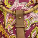 Ralph Lauren Vachetta Leather Paisley Canvas Purse Handbag Round Bamboo Handle Pink Photo 2