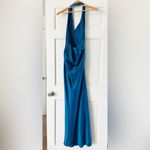 ASOS  Design Blue Teal Satin Halter Neck Maxi Dress Gown Slit Ruching Size 4 Photo 6
