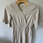 Umgee  Beige Linen Blend Cropped Jumpsuit Drawstring Waist Pockets Size Large Photo 1
