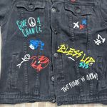Rue 21 Black Denim Jacket with Graphic Accents, Size Medium Photo 2