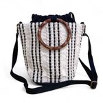 World Market Black Tan Stripe Bucket Bag with Ring Wood Handles Photo 2