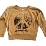 Chaser Women’s Woodstock Peace Sign Fleece Crewneck Pullover Mustard Sweatshirt Photo 1