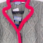 Lands’ End Vintage Shetland Wool Cardigan Green Pink Trim Cable Knit Jacket L Size L Photo 6