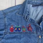 Solutions Denim Christmas Holiday Denim Button Up Shirt Embroidered Small Ugly Blue Photo 9