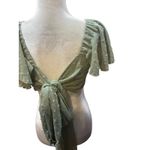 Sage Green Textured Square Neck Flutter Sleeve Crop Top Tie Back Photo 5