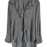 ZARA  Black Striped Ruffle Collar Shirt Small Photo 0