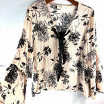 Vintage Havana  M Boho Lace Up Bell Sleeve Velvet Ribbon Black Floral Blouse Photo 0
