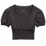 American Eagle AE Aerie Cropped Lace Trim V-Neck T-Shirt NWT Smoked Gray Small Photo 3