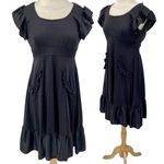 Vintage 70s Ruffled Pockets Mini Dress Black Fit & Flare Ruffles Scoop Womens XS Photo 1