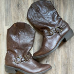 Embroidered Pointed Toe Bronze Embellishment Dark Brown Heeled Cowboy Boots Sz 9 Photo 0