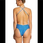 Rip Curl blue stripe plunge neck cheeky swimsuit. New Photo 4