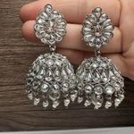 Rhinestone Polki Jhumka Indian Bollywood Style Drop Pierced Earrings Silver Tone Photo 0