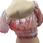 Blue Blush Smocked Crop Top Pink Yellow Tie Dye Ruffle Puff Sleeve Lined S Y2K Photo 6
