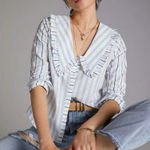 Maeve Anthropologie Striped Ruffle Collar Button Up Shirt Women Size 8 White Photo 0