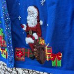 Vintage Blue Light Weight Christmas Cardigan Sweater Santa Presents Tree SMALL Photo 2