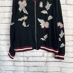 Elevenses  Embroidered Bomber Jacket Women’s L Black Floral Satin Zip Up Boho Photo 3