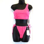 Good American NEW Always Fits Bikini Set One Shoulder Top Tiny Ties Bottom Pink Photo 2