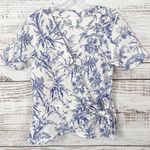 H&M Blue and White Floral Linen Wrapover Blouse, EUC, Size Small Photo 4
