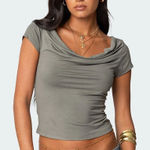 Edikted Javi Cowl Neck Top Olive Green Fitted Short Sleeve Women's Size Medium Photo 0