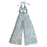 Free People  FP Women’s Kira Halter Neck Wide Leg Jumpsuit Blue White Print Photo 1
