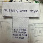 Susan Graver  White Jacket Shirt w/Black Sketch Art, Rhinestone Buttons. Size Lrg Photo 2