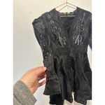 Maje  Black Linen Blend Openwork Embroidered Puff Sleeves Mini Dress Size 38 Photo 3