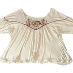 Free People  Ivory 3/4 Balloon Sleeve Boho Embroidered Grommet‎ Blouse - Medium Photo 0